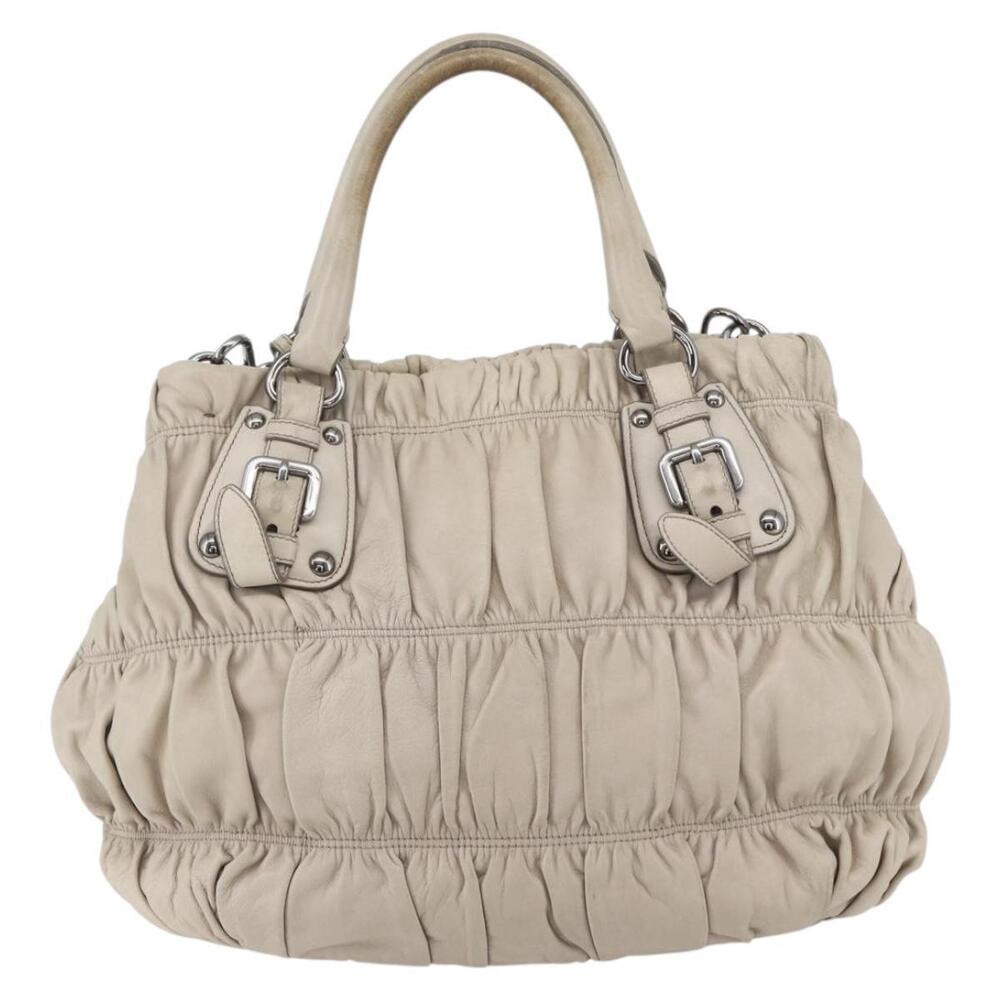PRADA Gathered Hand Bag Leather 2way Beige Silver Auth yk19545 - Picture 2 of 16